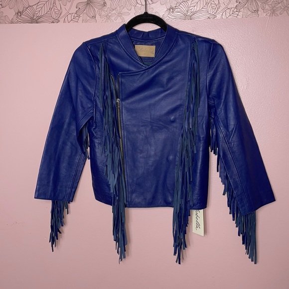 Free People Cleobella Cowgirl Sheep Leather Jacket Navy Rare - Picture 4 of 13